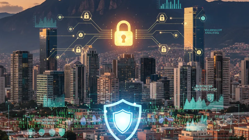 Imagen que muestra la silueta de Bogotá con símbolos de ciberseguridad como escudo, candado y códigos, representando una auditoría pentesting para empresas.