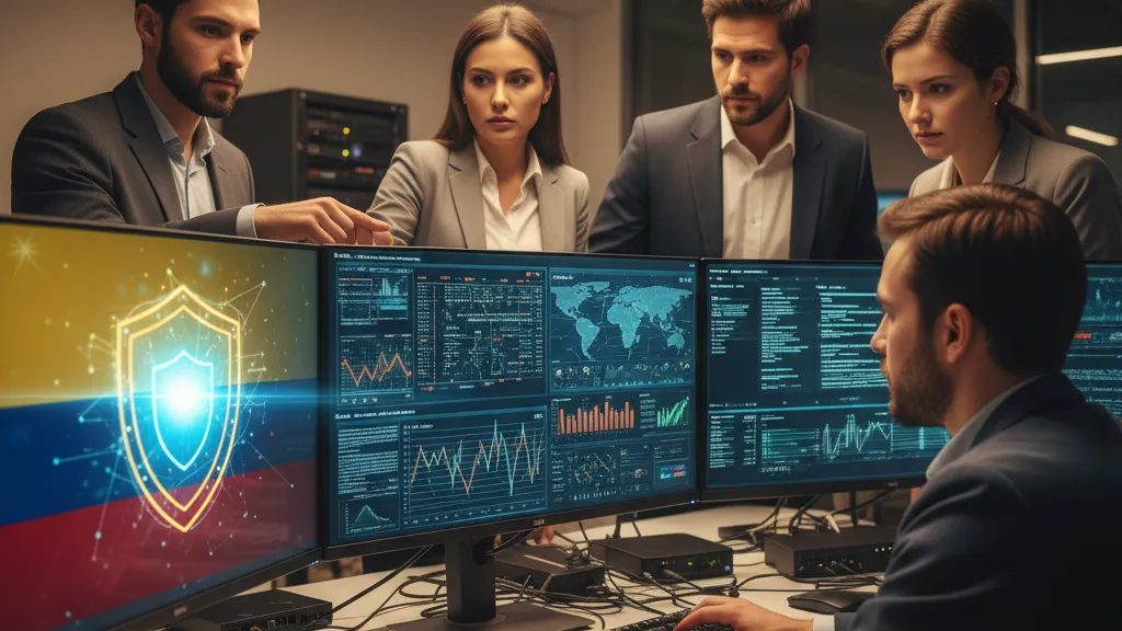 Equipo de expertos en ciberseguridad trabajando en una oficina con la bandera de Colombia y un escudo digital que representa protección