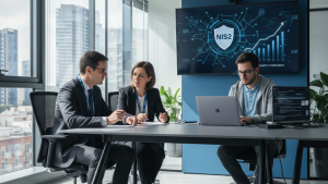 Directiva NIS2 y Pentesting 2026, pentesting y cumplimiento de seguridad en empresas españolas, ejecutivos y especialista en ciberseguridad revisando documentación