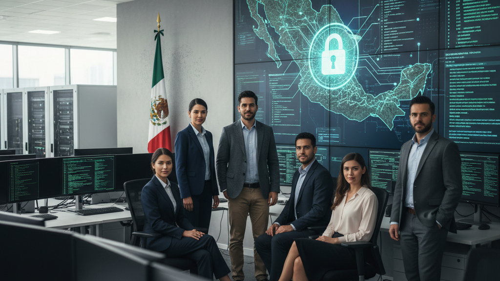 Equipo de expertos en ciberseguridad de PentestingTeam trabajando en una oficina mexicana, analizando amenazas y pruebas de penetración