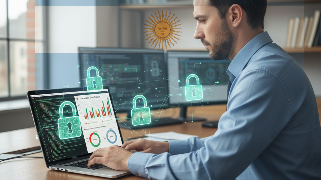 Experto en pentesting revisando vulnerabilidades en una computadora, con símbolos de seguridad y referencia sutil a Argentina