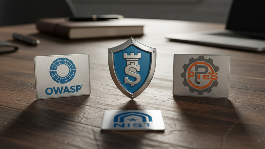 Metodologías Estándar Imagen que muestra logos de OWASP, PTES y NIST como referencia para auditoría de ciberseguridad