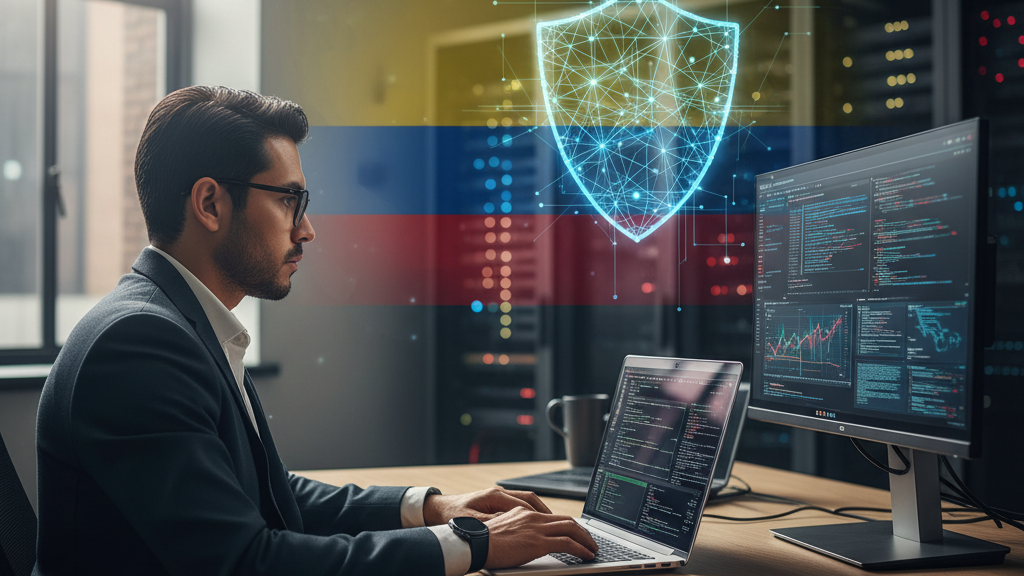 Imagen de un profesional de ciberseguridad realizando pruebas de penetración en Colombia, con laptop, gráficos de vulnerabilidades y símbolos de seguridad.
