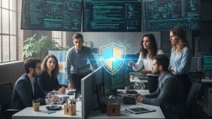 Equipo argentino de expertos en ciberseguridad de PentestingTeam analizando datos en pantallas, con símbolos de seguridad y bandera de Argentina