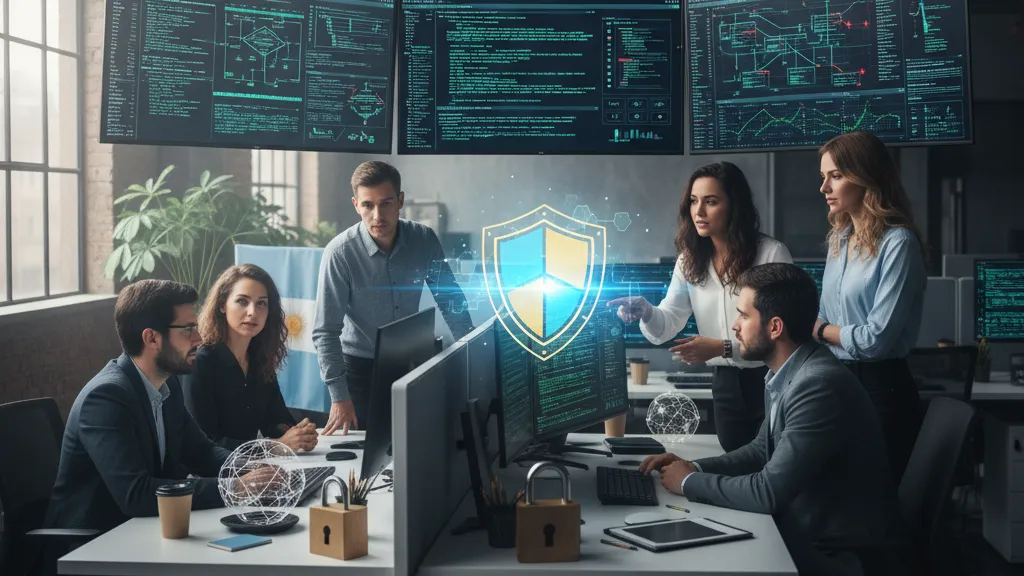 Equipo argentino de expertos en ciberseguridad de PentestingTeam analizando datos en pantallas, con símbolos de seguridad y bandera de Argentina