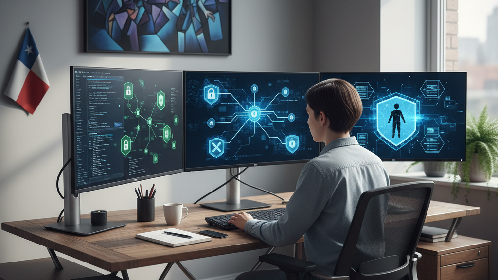 Analista de ciberseguridad realizando pruebas de penetración en una oficina, con símbolos de seguridad y la bandera de Chile