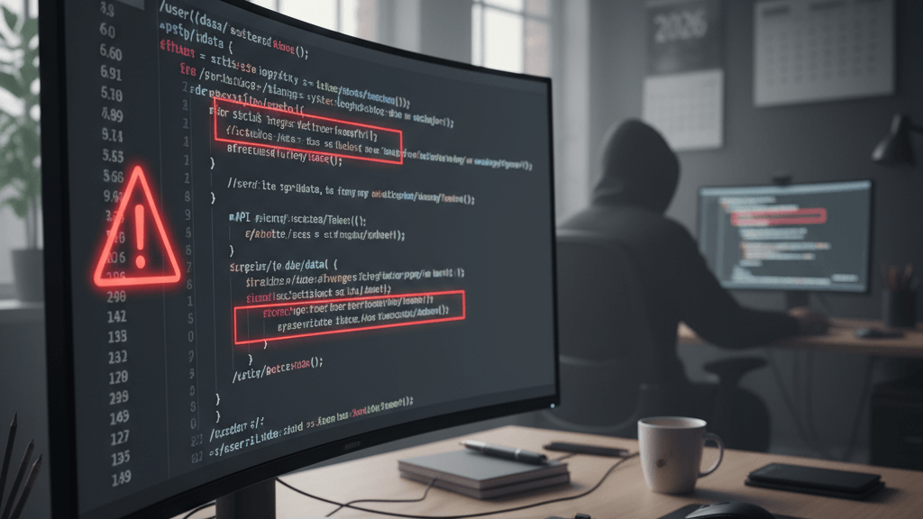 Imagen que representa Ataques a APIs: por qué son el vector de entrada más explotado en 2026, con código de API resaltado y señal de alerta que ilustra la vulnerabilidad y el riesgo económico.