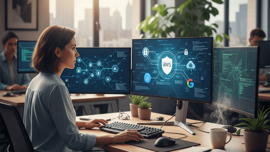 Ilustración que muestra el proceso de pentesting en infraestructuras cloud empresariales, con un analista revisando configuraciones de seguridad en AWS, Azure y Google Cloud.