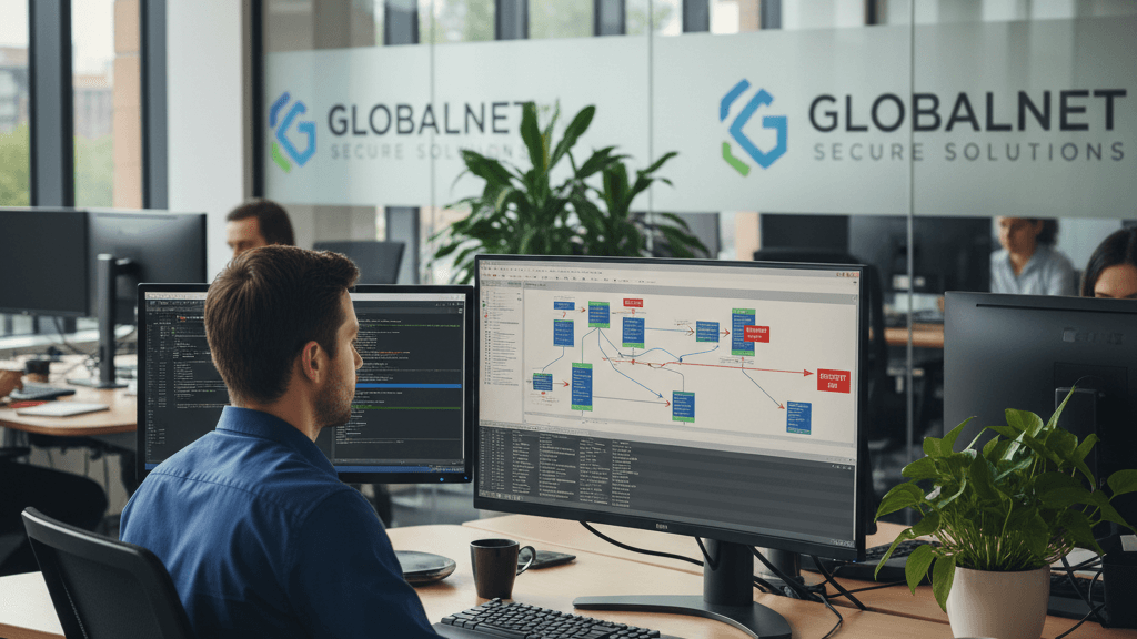 Imagen que ilustra la Auditoría de Directorio Activo: Por qué es crítica para tu empresa, mostrando a un analista de seguridad revisando un esquema de Active Directory en una oficina corporativa.