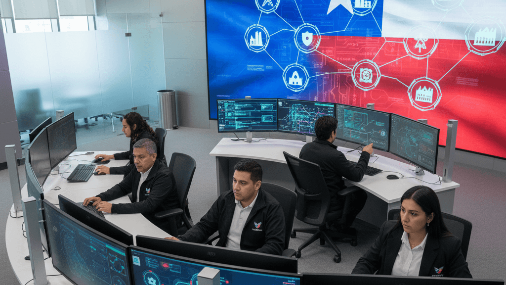 Ley 21.663 en Chile: qué exige y cómo cumplir con las obligaciones de ciberseguridad, ilustrada con profesionales de TI analizando sistemas de seguridad en una sala de control con pantallas que muestran escudos digitales y mapas de infraestructura crítica.