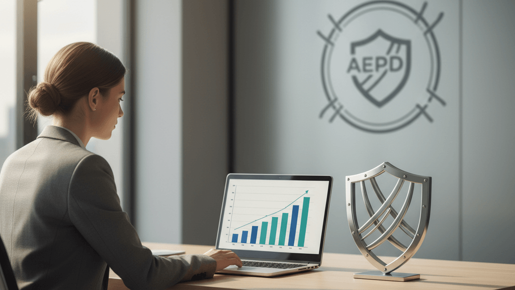 Sanciones AEPD 2025-2026: Lecciones para tu empresa, imagen de un empresario analizando una gráfica de multas y un escudo de protección de datos en una oficina