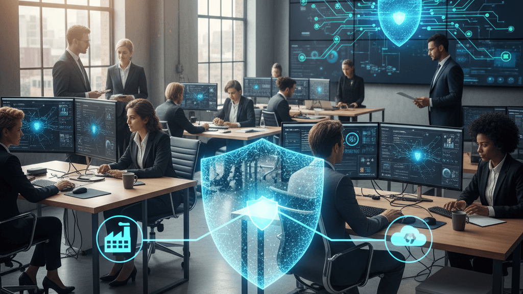 Imagen que representa Ataques a la cadena de suministro: Cómo proteger tu empresa, mostrando un escudo digital que protege la red de proveedores y software contra ciberamenazas