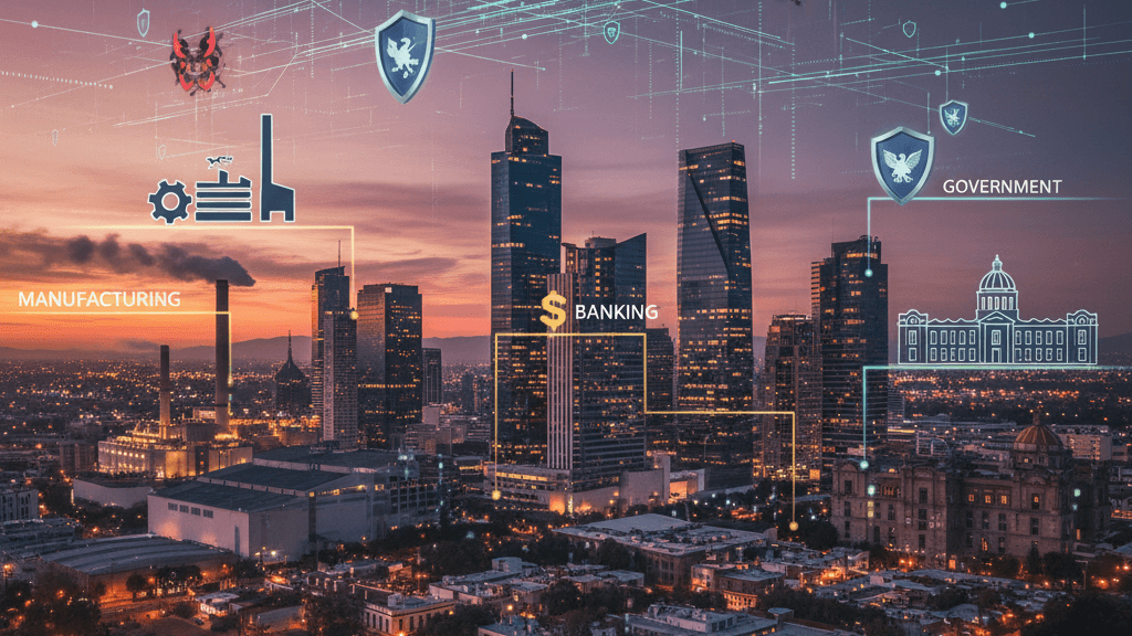 Ilustración realista del panorama de Ciberseguridad en México 2026: Panorama y amenazas, con símbolos de escudos, malware impulsado por IA y sectores críticos como banca, manufactura y gobierno, resaltando la creciente inversión en seguridad.