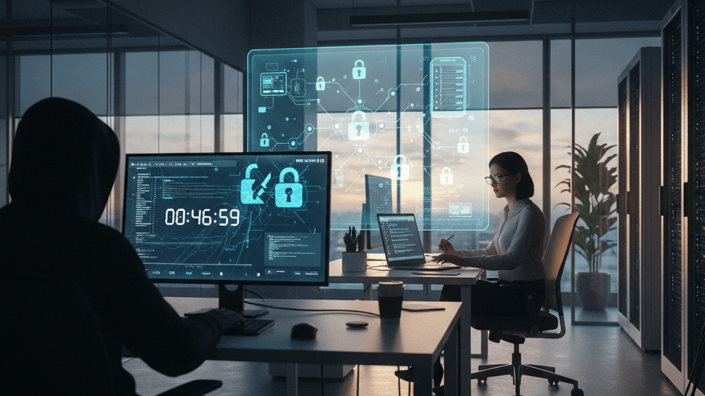 Ransomware en 47 minutos: por qué la velocidad de ataque exige auditorías preventivas, representación visual de un hacker tomando control de una red en menos de una hora, con símbolos de candado, reloj y auditoría de seguridad