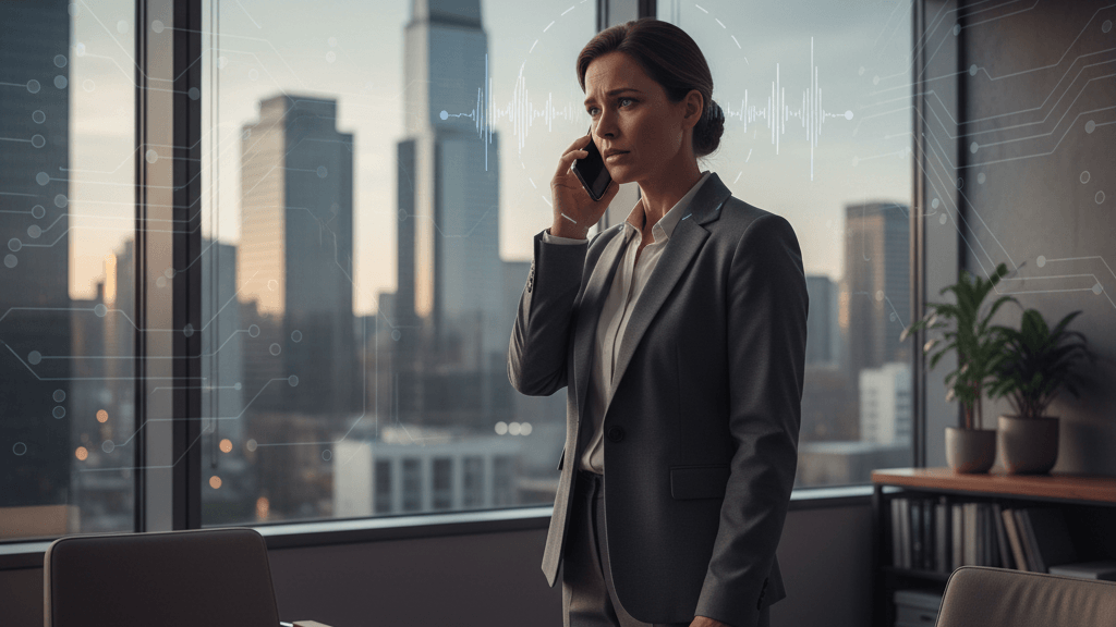 Imagen que ilustra las Estafas con voz clonada por IA: el fraude que ya cuesta 450.000€ de media a las empresas, mostrando a un ejecutivo recibiendo una llamada sospechosa mientras aparecen ondas de voz digitales y símbolos de inteligencia artificial