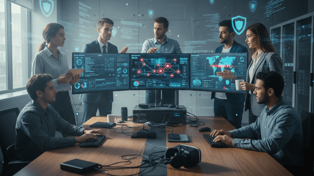 Ilustración que muestra el análisis de seguridad en sistemas complejos con diagramas de red, indicadores de vulnerabilidades y profesionales trabajando en una sala de control