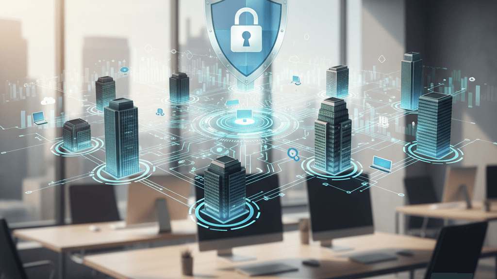 Ilustración que representa el riesgo de la cadena de suministro, resaltando que El 22% de las brechas de seguridad en 2025 fueron por proveedores: cómo proteger tu cadena de suministro, con iconos de candado, servidores y conexiones entre empresas