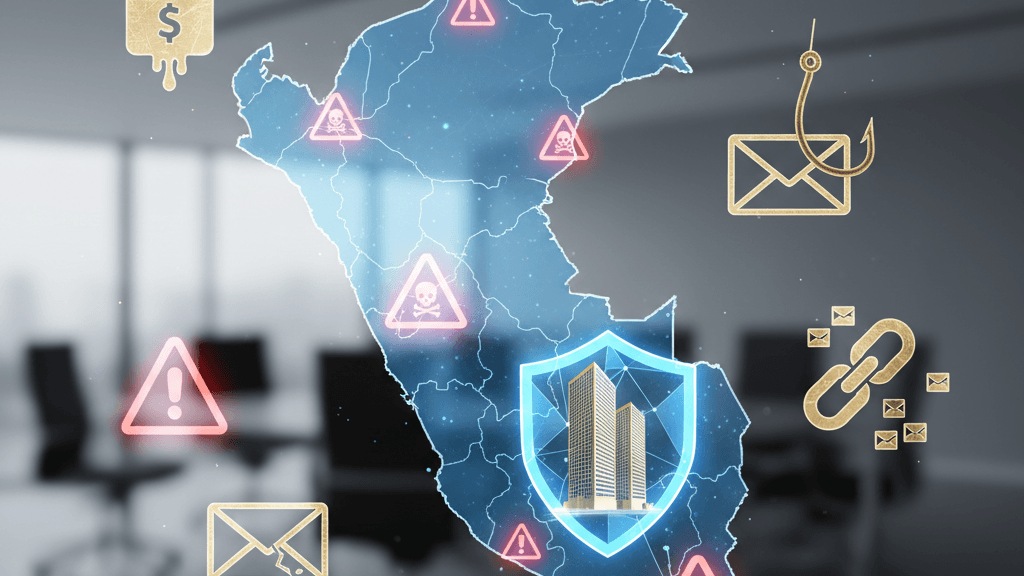 Imagen que representa los Ciberataques en Perú 2026: 748 millones de intentos y cómo proteger tu empresa, con un mapa del país y símbolos de amenazas cibernéticas y un escudo de seguridad sobre una empresa.