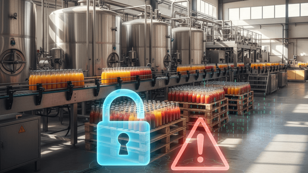 Ciberataques en industria alimentaria: caso Agriconsa Valencia, ilustración de una planta de producción de zumos en Valencia con candados digitales y alertas rojas que simbolizan la interrupción por ciberamenaza en la cadena agroalimentaria.