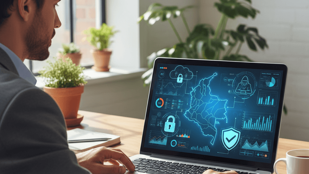 Ilustración que muestra cómo Colombia concentra el 25% de los ciberataques en LATAM: cómo proteger tu empresa en 2026, con un mapa de Colombia rodeado de símbolos de ciberamenazas y un escudo de seguridad digital.