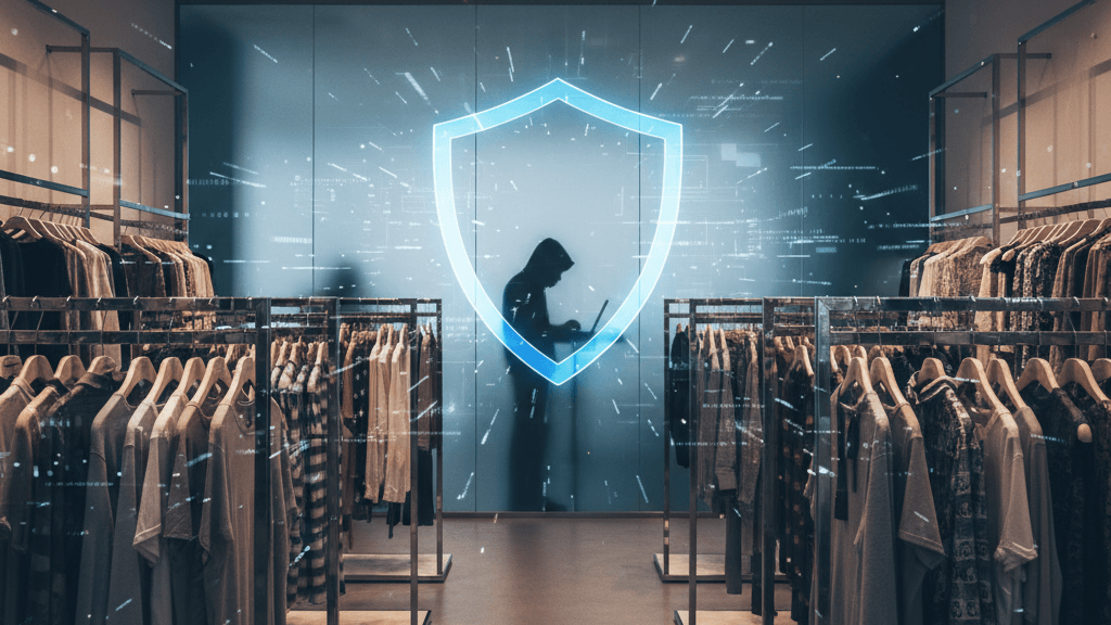 Ciberseguridad en retail y moda: por qué Inditex y Mango han sido atacadas en 2026, ilustrada con una tienda de moda moderna, prendas en exhibición y elementos visuales de seguridad digital como escudos y códigos binarios que representan la amenaza cibernética.