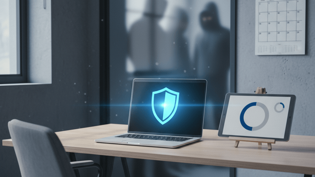 Imagen que representa la ciberseguridad para pequeñas y medianas empresas, con un ordenador y un escudo digital, destacando el mensaje El 70% de los ciberataques en 2026 se dirigen a pymes: cómo proteger tu empresa