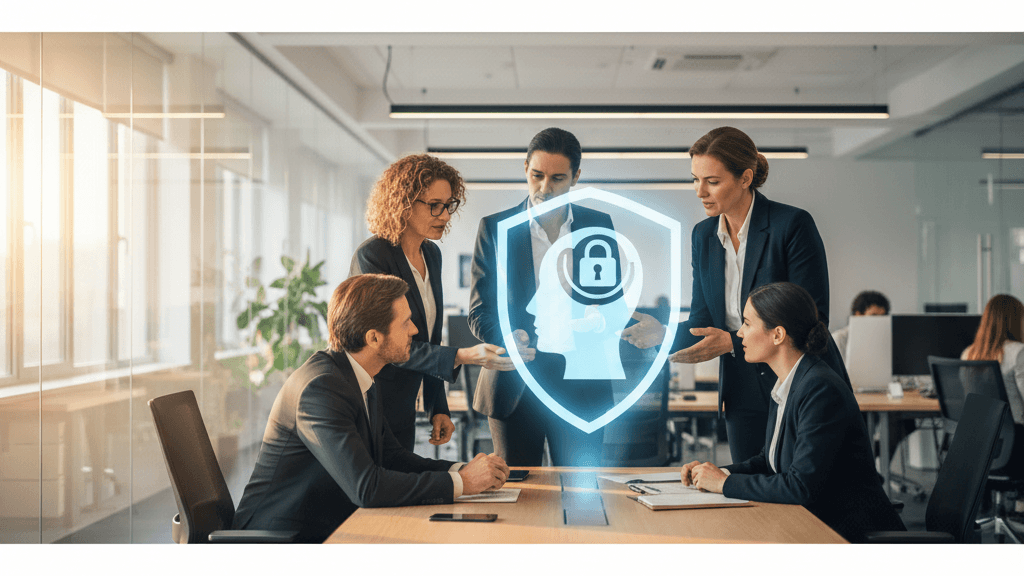 El 67% de los ciberataques empieza en la identidad: cómo evitarlo, ilustración que muestra un escudo digital con un símbolo de identidad y candado protegiendo a usuarios en un entorno empresarial, destacando la importancia de asegurar la identidad para prevenir ciberamenazas