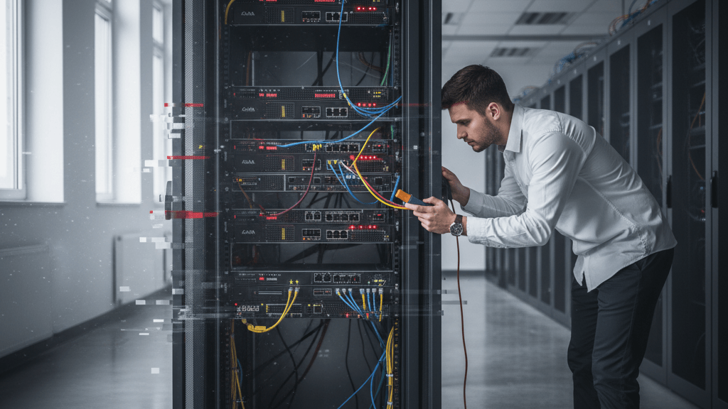 Imagen que muestra firewalls Cisco comprometidos: la amenaza FIRESTARTER 2026, con indicadores de infección y un técnico inspeccionando el dispositivo en un centro de datos