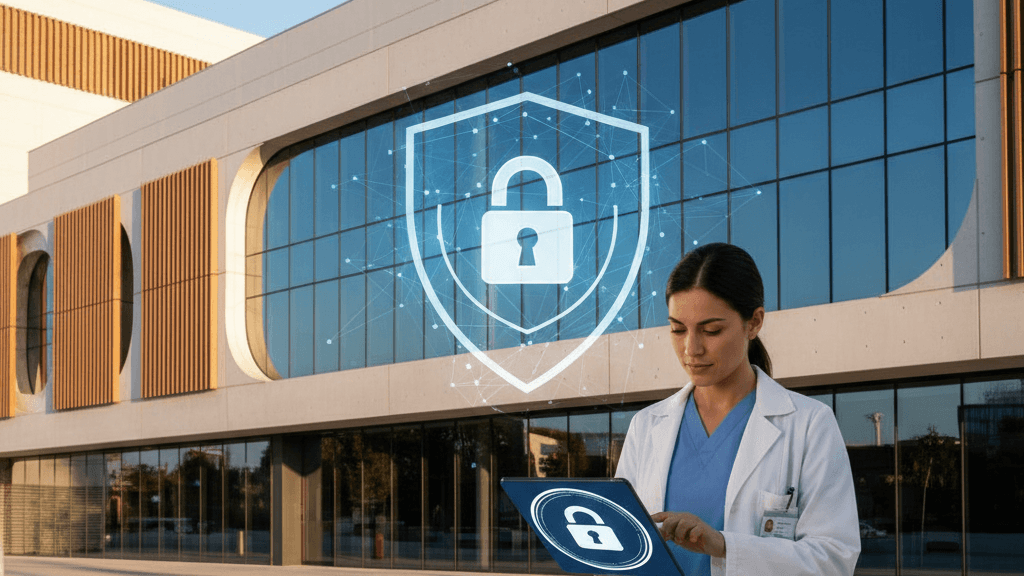 Imagen que representa la Ciberseguridad en hospitales y clínicas: por qué el sector salud es el más atacado en España, mostrando un hospital español con símbolos de protección digital y personal sanitario revisando dispositivos seguros