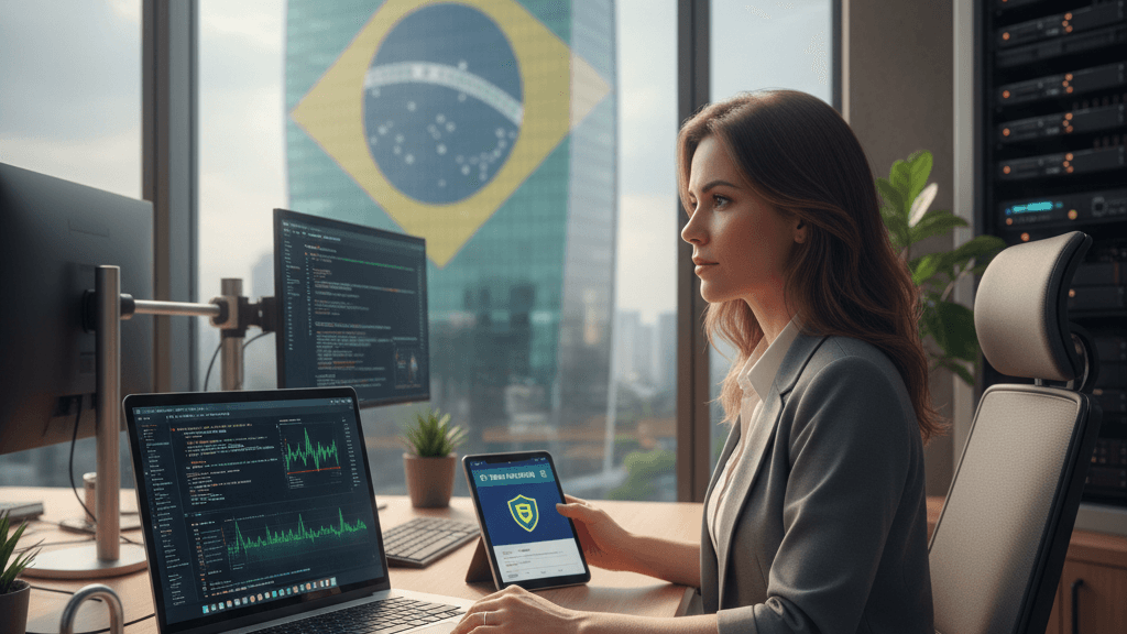Ilustración que muestra el pentesting obligatorio en bancos y fintechs de Brasil en 2026, con un analista de ciberseguridad revisando sistemas financieros bajo la normativa CMN 5.274/2025 y BCB 538.