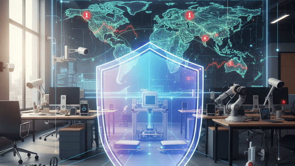 Ilustración que muestra la Seguridad IoT en 2026: 820.000 ataques diarios a dispositivos conectados en empresas, con servidores, sensores y un escudo de ciberseguridad protegiendo una oficina moderna