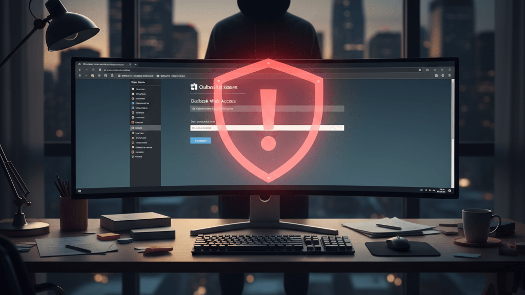 Imagen que ilustra Exchange OWA en riesgo: suplantación de correo en empresas, mostrando una pantalla de OWA con alerta de seguridad y la sombra de un hacker, representando la amenaza de suplantación de correos corporativos