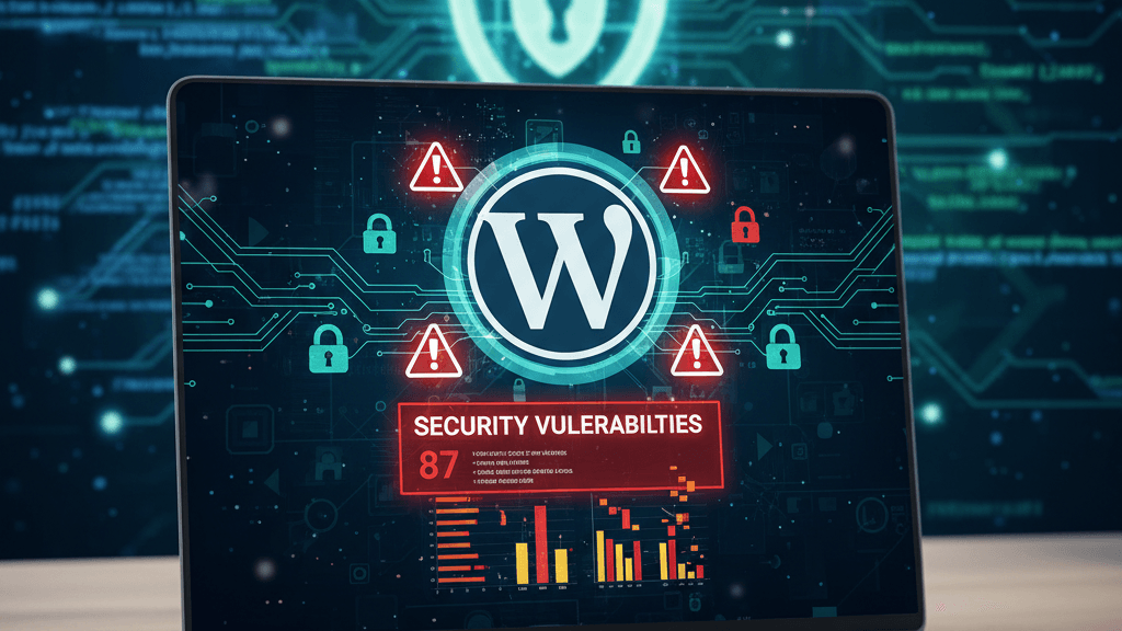 Imagen que muestra un sitio WordPress con alertas de seguridad, resaltando 87 vulnerabilidades WordPress en una semana: revisa tu web, indicando la necesidad de inspeccionar y proteger tu página.