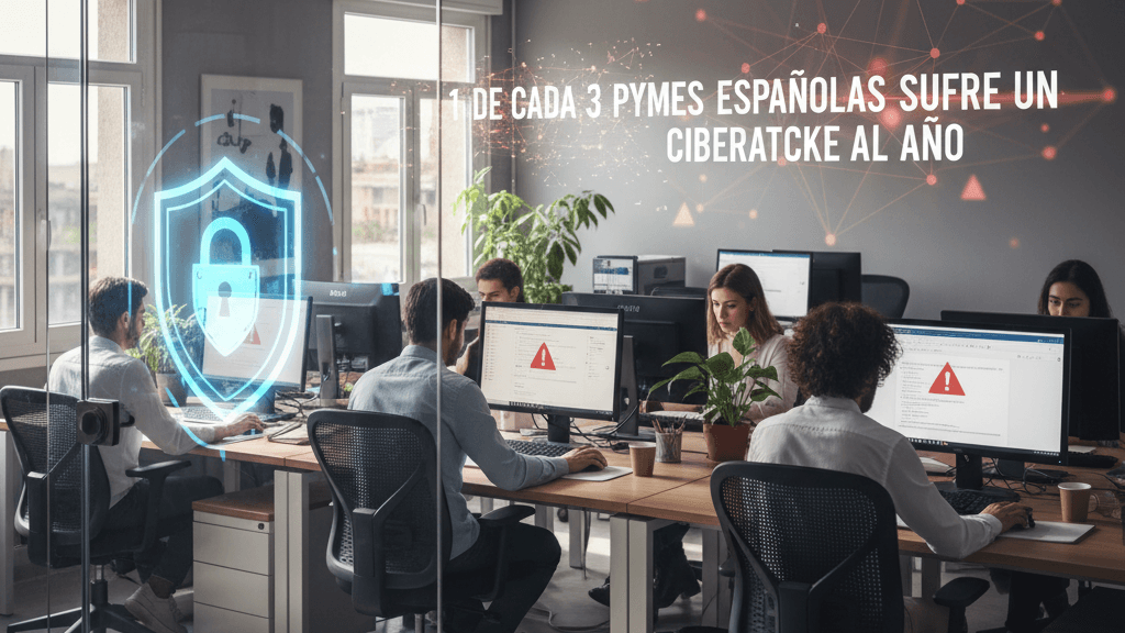 Imagen que muestra una pequeña empresa española con ordenadores y un candado digital, simbolizando que 1 de cada 3 pymes españolas sufre un ciberataque al año y la necesidad de reforzar su seguridad