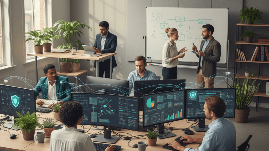 Ilustración que representa Ciberresiliencia qué es, con un equipo de profesionales de ciberseguridad analizando sistemas y protegiendo datos en una oficina moderna