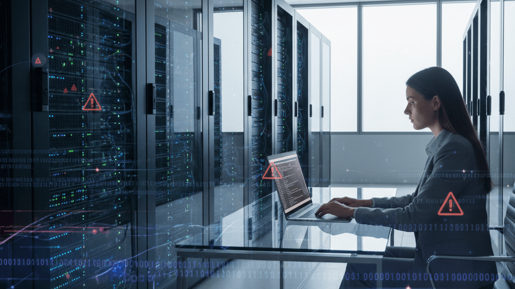 Imagen que ilustra los riesgos ocultos en sistemas empresariales modernos, mostrando un centro de datos con servidores y un analista de seguridad revisando vulnerabilidades invisibles