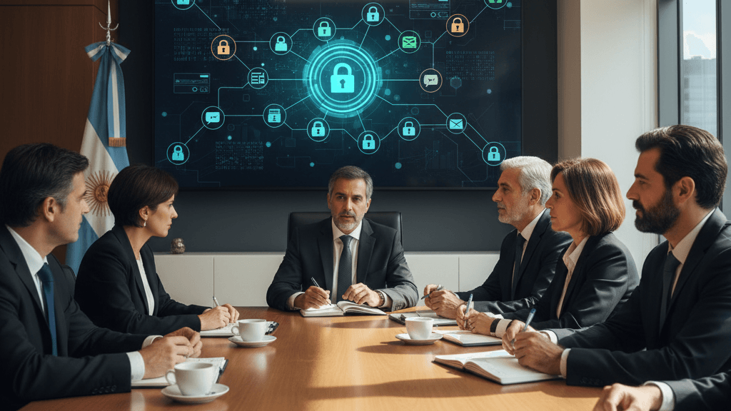Nuevas obligaciones de ciberseguridad para empresas en Argentina, ejecutivos analizando un panel digital de protección frente al nuevo marco regulatorio del CNC