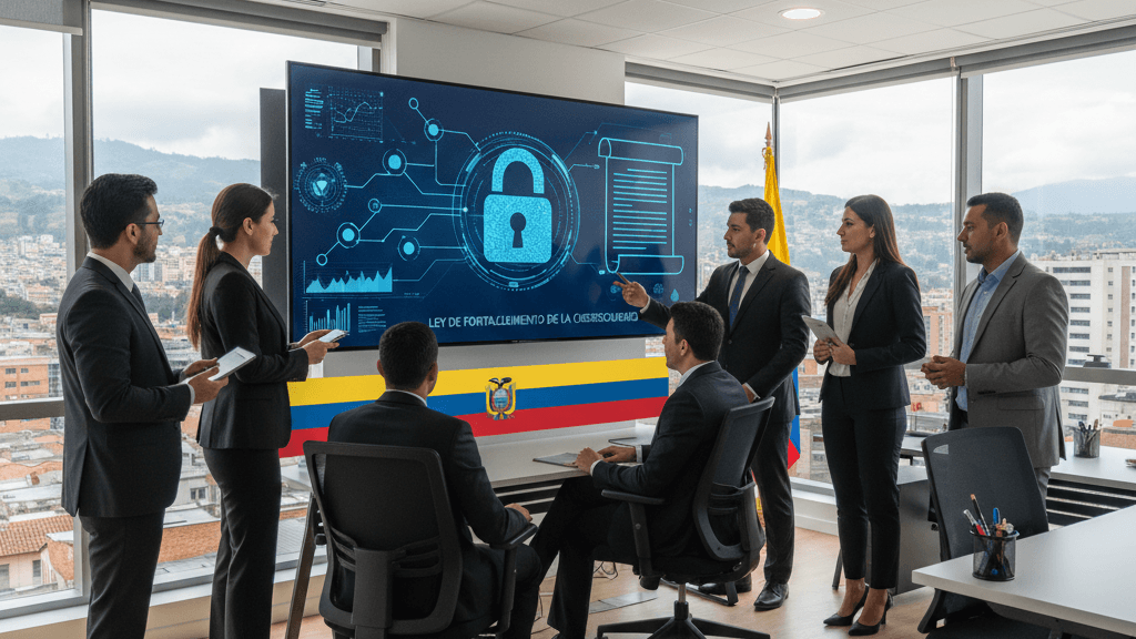 Nuevas obligaciones de ciberseguridad para empresas en Ecuador: empresarios analizando protocolos de seguridad y cumplimiento legal en una oficina moderna