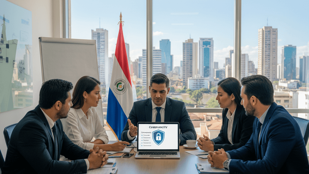 Imagen que representa las nuevas obligaciones de ciberseguridad para empresas en Paraguay, con profesionales analizando políticas de seguridad y cumplimiento.