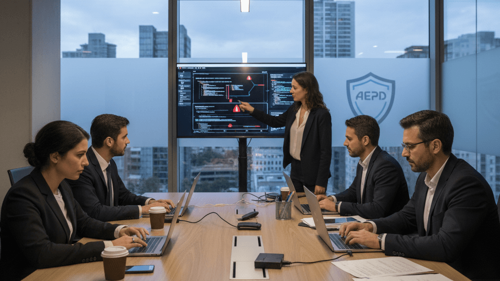 Ilustración que representa Pentesting para despachos de abogados: AEPD, con un equipo de seguridad analizando ordenadores y datos confidenciales en una oficina legal, resaltando la protección contra ciberataques y el cumplimiento normativo.
