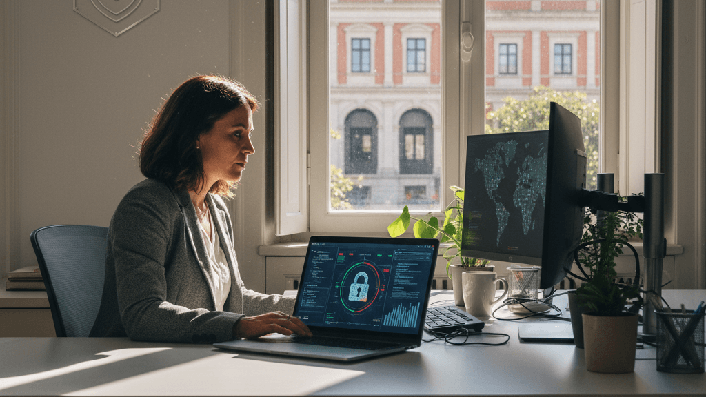 Imagen que ilustra Pentesting y ENS: cómo certificar y mantener la auditoría bienal, con un analista de seguridad revisando resultados de pentesting frente a un edificio gubernamental español