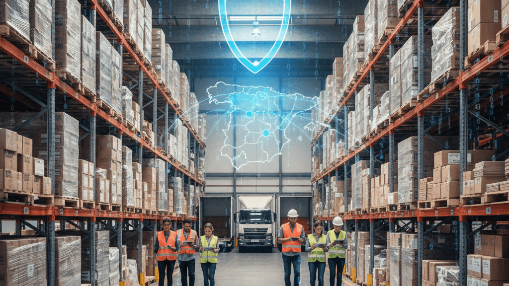 Ciberataques a empresas logísticas en España: cómo prevenirlos, imagen de un almacén logístico español con escudo de ciberseguridad y datos digitales que simbolizan la protección contra ataques informáticos