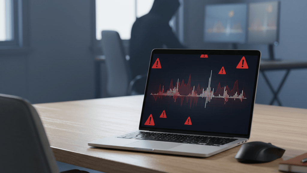 Imagen que muestra una oficina con una computadora y alertas visuales, ilustrando cómo saber si me están hackeando la empresa y detectar actividades sospechosas en los sistemas